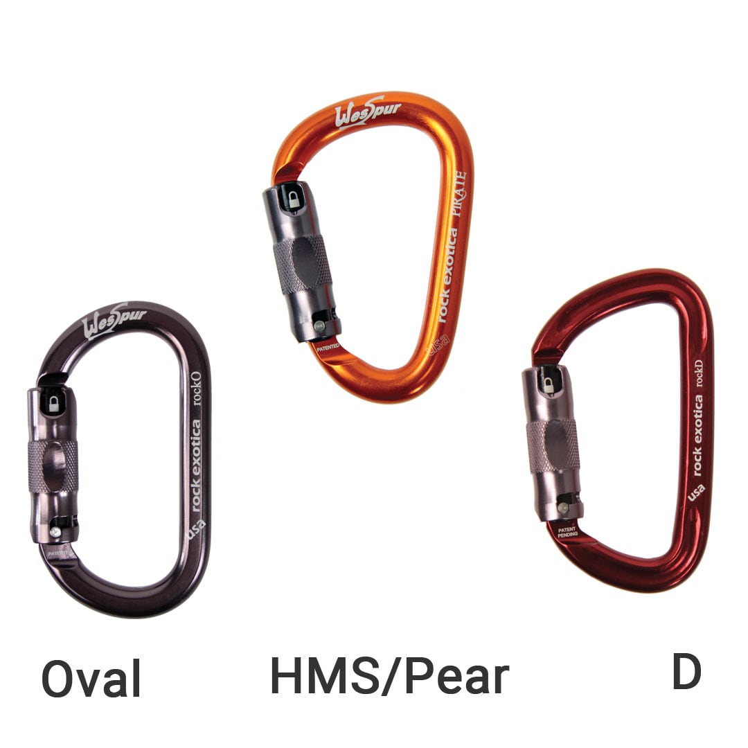 the three main climbing carabiner shapes are oval, d, and HMS or pear