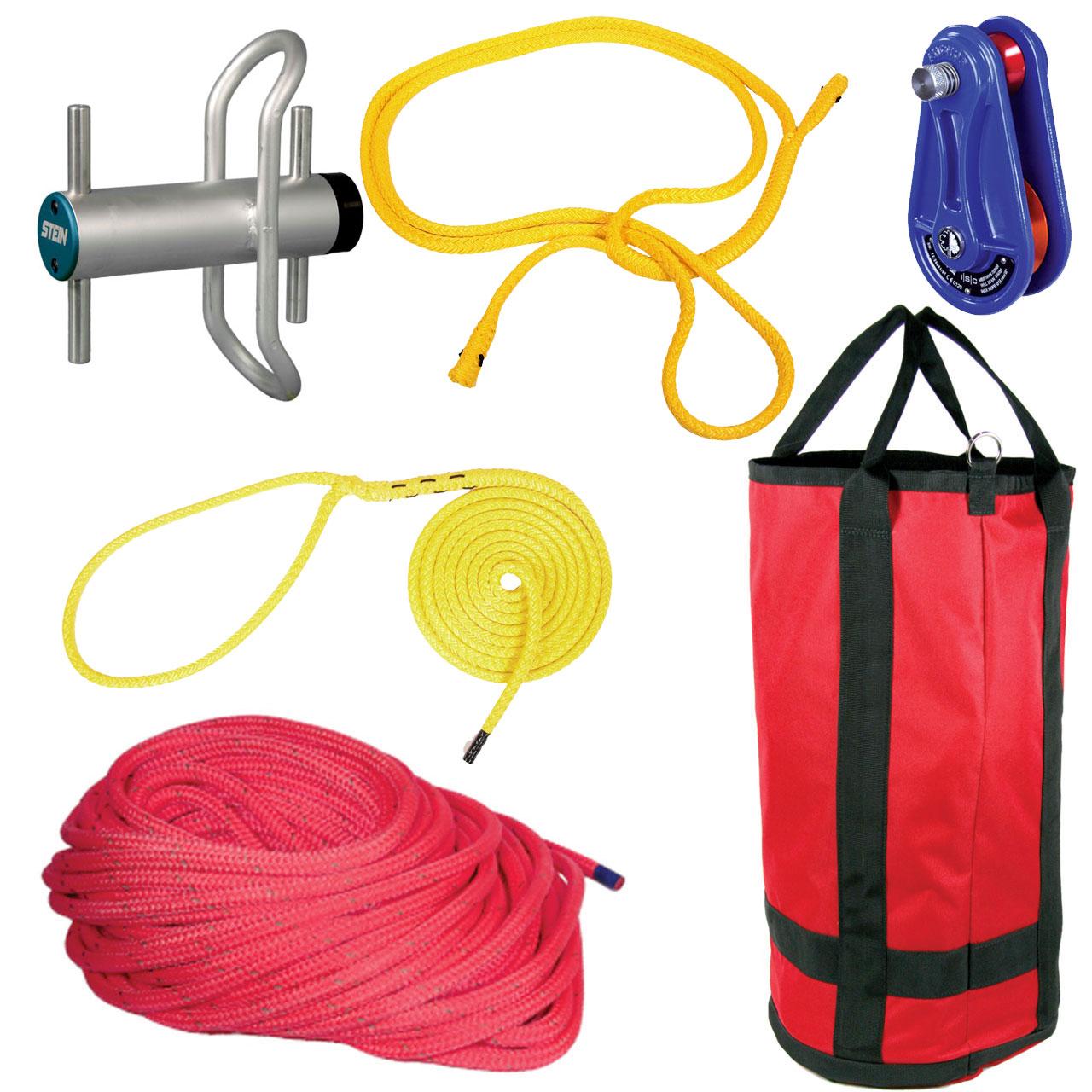 A tree gear kit for negative rigging contains rope, arborist block, loopie sling, lowering device, and dead-eye sling.