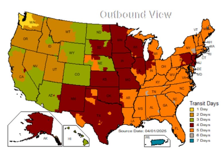 US map showing shipping times from WesSpur Tree Equipment to all areas of USA