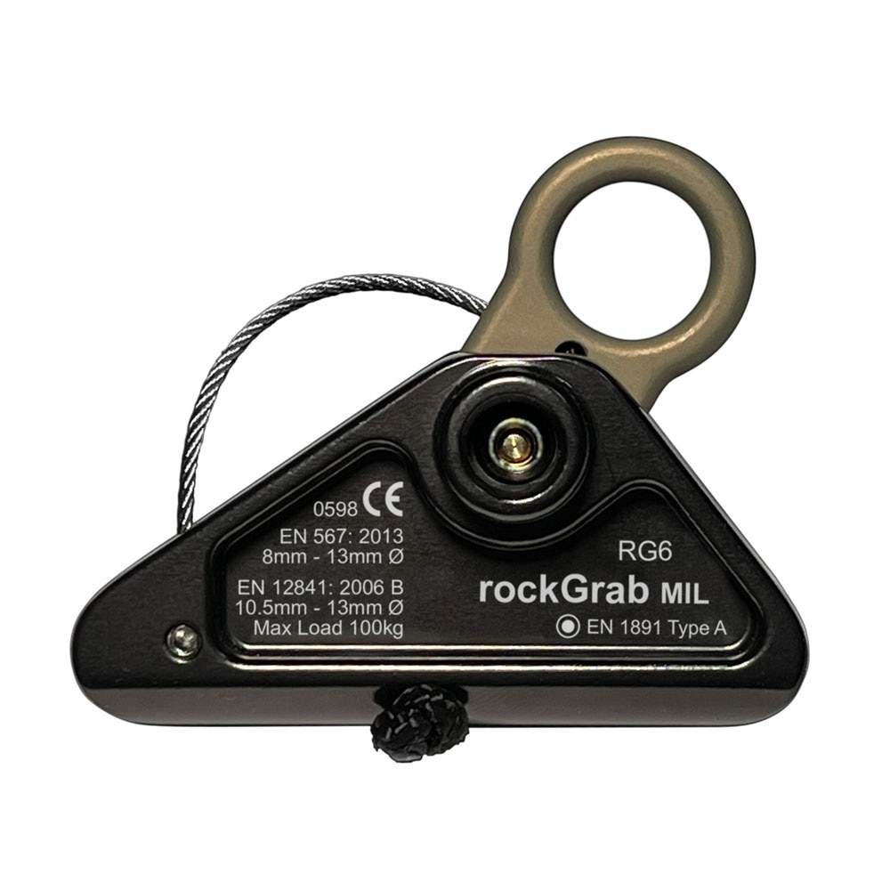 Rockgra MIL midline attachable rope grab from Rock Exotica showing ratings and rope capacity