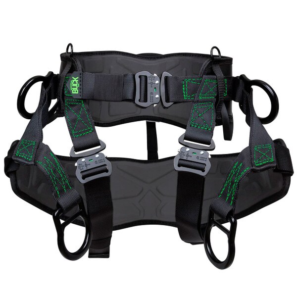 Buck stability harness for beginner tree climber kit, showing split suspension d rings